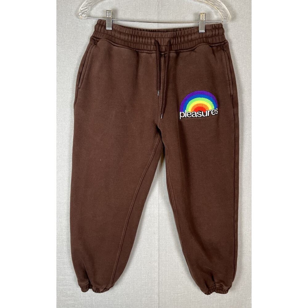 PLEASURES Mens Size Large Good Time Joggers Sweatpants Brown Rainbow Logo RARE